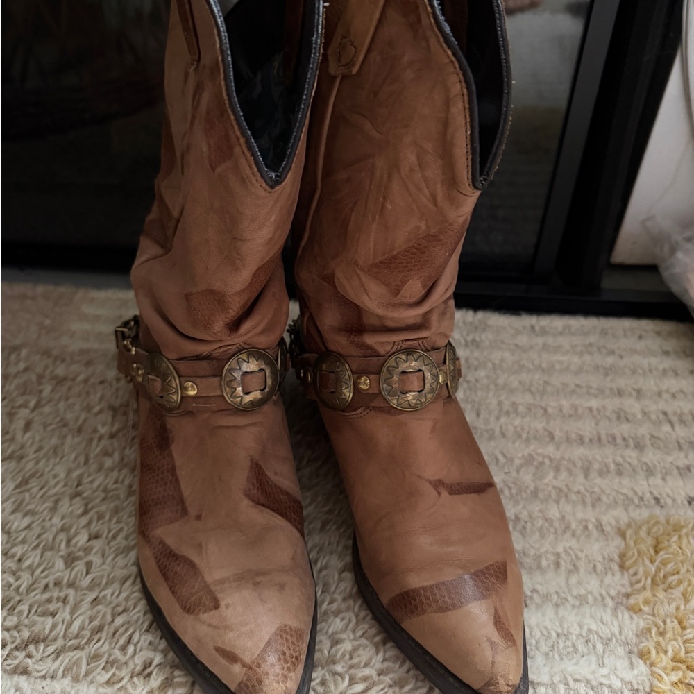 Vintage Brown Western Cowboy Boots with Decorative Straps